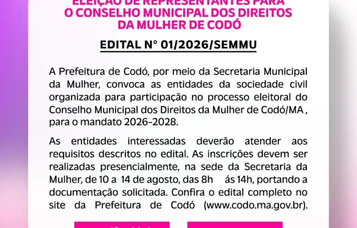 Prefeitura de Codó convoca entidades para eleição do Conselho Municipal dos Direitos da Mulher